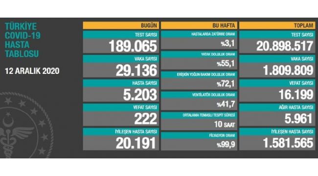 Bugün korona virüsten 222 kişi hayatını kaybetti