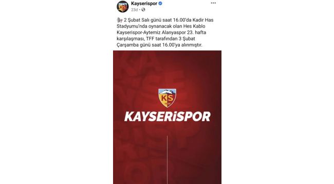 Hes Kablo Kayserispor - Aytemiz Alanyaspor maçı ertelendi