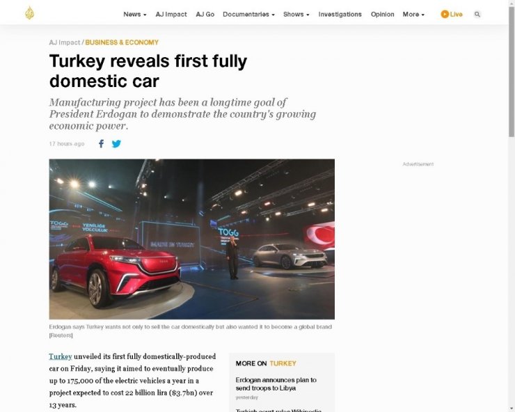 Yerli otomobil dış basında: “Erdoğan, Tesla’ya meydan okumayı umuyor”