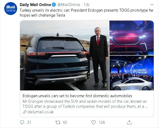 Yerli otomobil dış basında: “Erdoğan, Tesla’ya meydan okumayı umuyor”