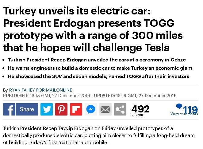 Yerli otomobil dış basında: “Erdoğan, Tesla’ya meydan okumayı umuyor”